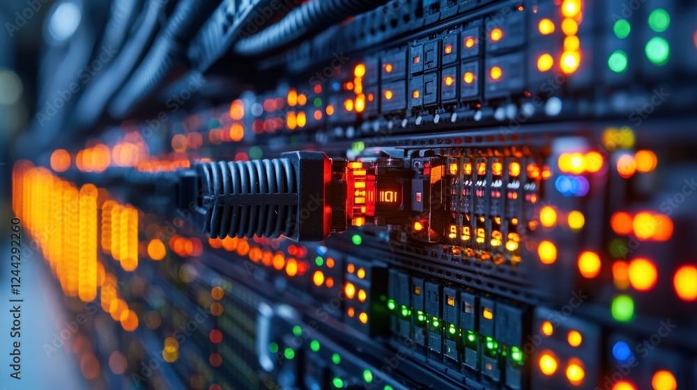 Poster close-up of illuminated server connections in a data center, showcasing technology operations