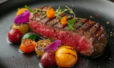 Delicious grilled steak served with colorful vegetables and garnishes in a fine dining setting