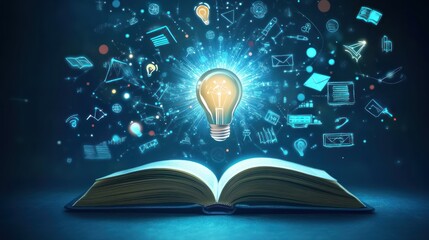 Open book, glowing lightbulb, ideas, knowledge, learning, dark background, education concept