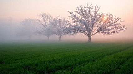 Fototapeta premium Morning in spring: fog over a field, first rays of the sun, blossoming trees