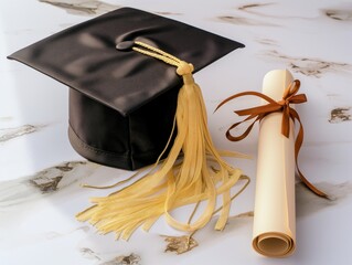 Black graduation cap and diploma on a marble table, symbolizing academic achievement and success in a luxurious setting graduation cap and diploma on marble table