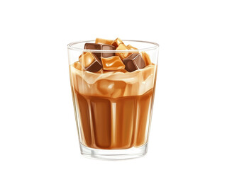 Iced caramel chocolate on glass isolated on transparent background.