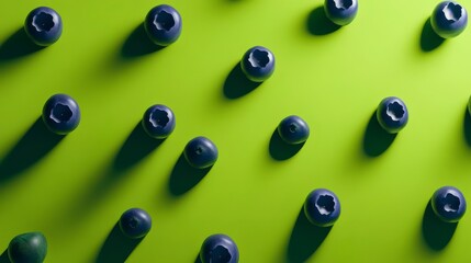 A Striking Arrangement of Blueberries on a Vibrant Green Background. A Fresh and Healthy Food Composition, Perfect for Food Photography.