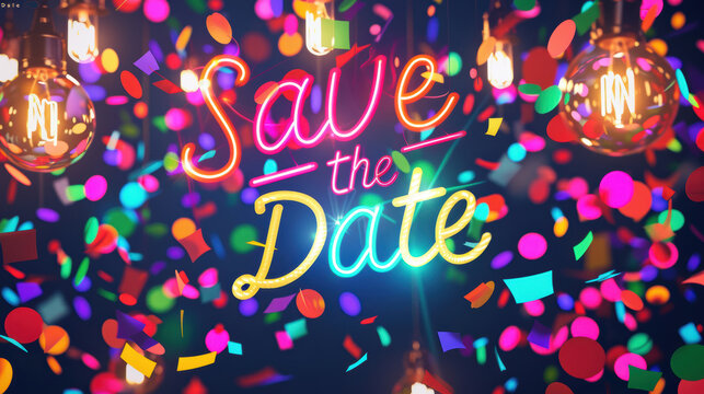 Festive Save the Date Card with Colorful Confetti and Bright LED Lights for Party Invitations