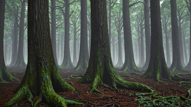 mist-covered forest where towering trees fade into the thick fog, creating a mysterious and tranquil atmosphere. 