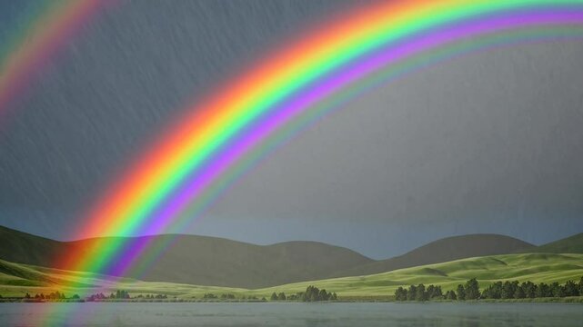 scene of a vibrant rainbow arching across the sky as a light rain falls gently over the landscape.