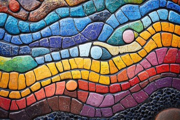 Colorful mosaic pattern resembling flowing waves and vibrant landscapes.