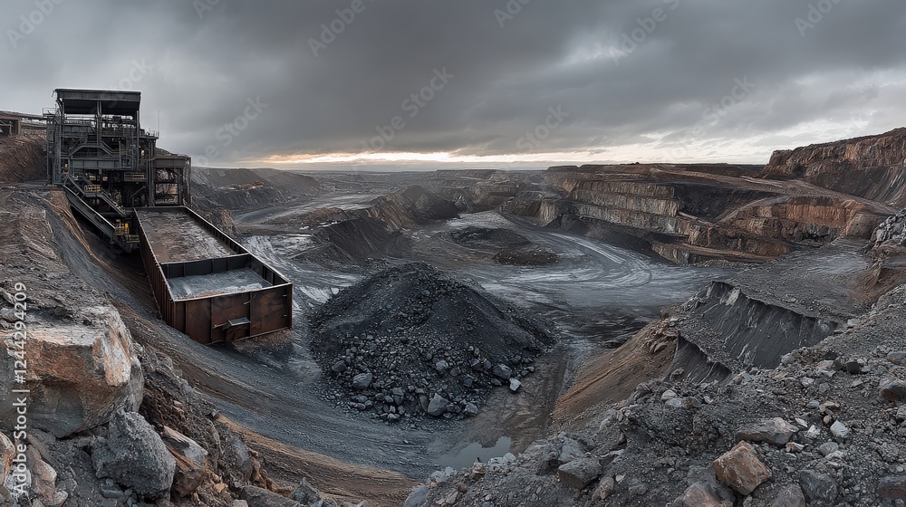 Poster panoramic view of an open-pit mining site at dusk, showcasing machinery and terrain