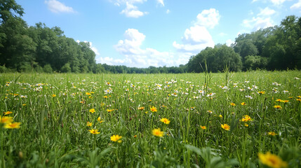 Obraz premium Sunny meadow wildflowers, green trees background, idyllic landscape, nature scene