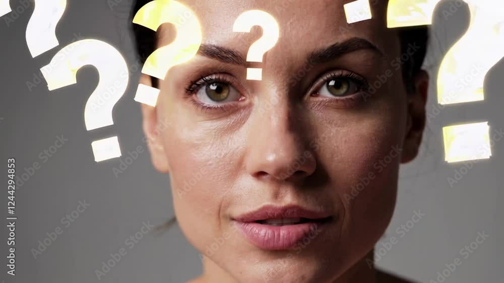 Poster attractive woman surrounded by floating question marks, expressing mental struggle with confusion an