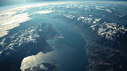 Breathtaking aerial view of snow-capped mountains and serene lake during clear daytime from high altitude