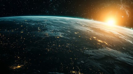 Fototapeta premium View of Earth with sunrise illuminating landscapes and city lights from space