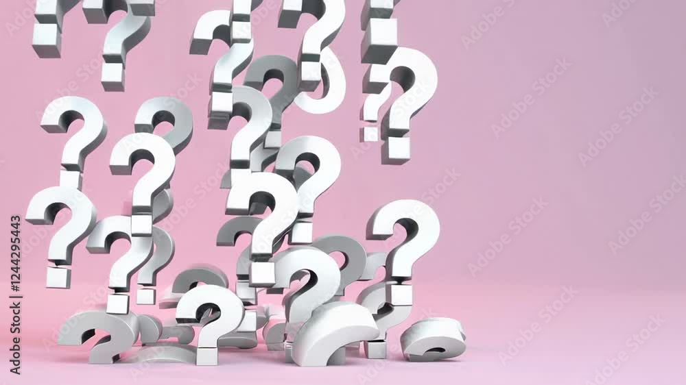Poster White question marks are falling against a vibrant pink backdrop, creating a visually engaging representation of uncertainty, inquiry, and the process of seeking answers