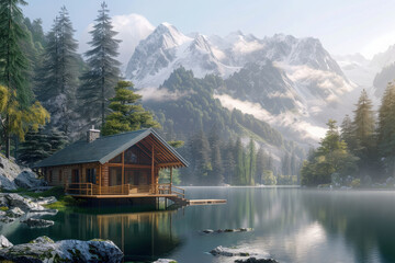 Fototapeta premium Tranquil lakeside cabin surrounded by mountains and lush greenery.