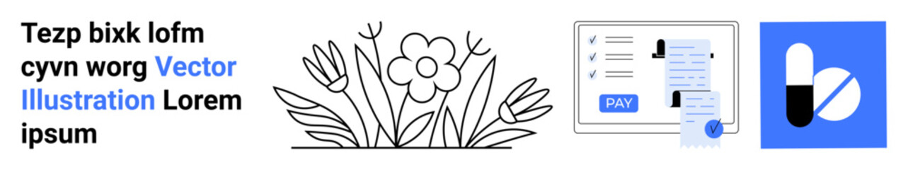 Black outline flower, digital payment form with receipt, and pill icon highlight concepts of nature, technology, and health. Ideal for e-commerce, finance, healthcare, creativity minimalism