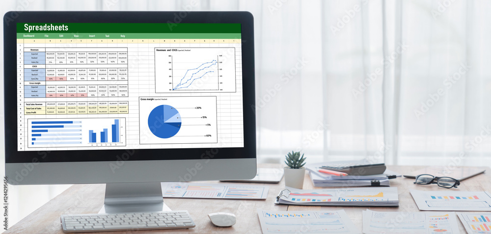 Poster spreadsheet document information financial startup concept. data and graphs in spreadsheet documents