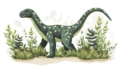 Dravidosaurus prehistoric dinosaur cartoon character. Isolated vector herbivore ancient reptile dino animal in natural environment with green plants. Late Cretaceous era lizard, paleontology science