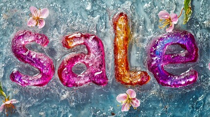 Colorful ice letters form sale promotion with flowers, capturing attention to special deals