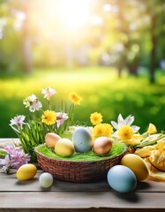 Easter tabletop composition with a bucket of decorated eggs and flowers, bathed in warm sunlight. Ai Generative