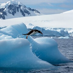 penguin jumping off the iceberg in antarctica