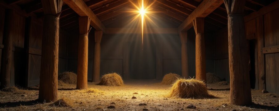Old wooden stable, hay strewn floor, shining star overhead, Bethlehem setting , historical, scene