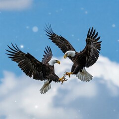 Fototapeta premium Two bald eagles with outspread wings and talons extended are locked in an aerial conflict against a blue sky with soft white clouds