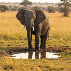 Fototapeta premium Elephant Standing in a Puddle in the African Savanna – Drought and Water Scarcity Concept
