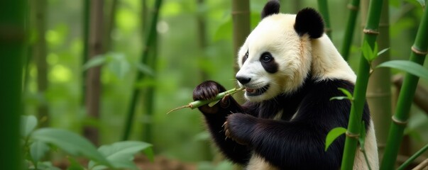 Obraz premium Panda eating bamboo, visible enclosure details, eating, leaves