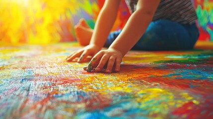 Obraz premium Young child exploring creativity with colorful chalk on vibrant floor in bright, cheerful environment