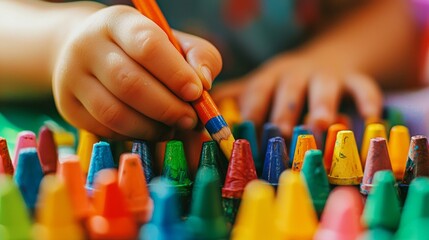 Obraz premium Young child drawing with crayons in bright colors on a green surface during a creative activity at home