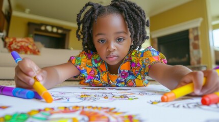 Young girl enjoys coloring with vibrant markers in a cozy living room setting during a sunny afternoon