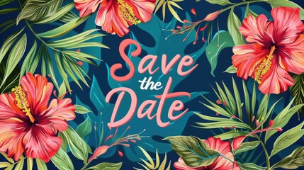 Tropical Save the Date Card with Vivid Hibiscus Flowers for Destination Wedding Design