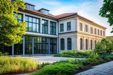 Modern building with lush landscaping.