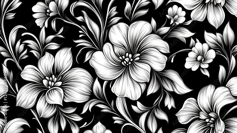 Poster bold damask style arabesque pattern with a repeat black and white floral motif in a seamless pattern