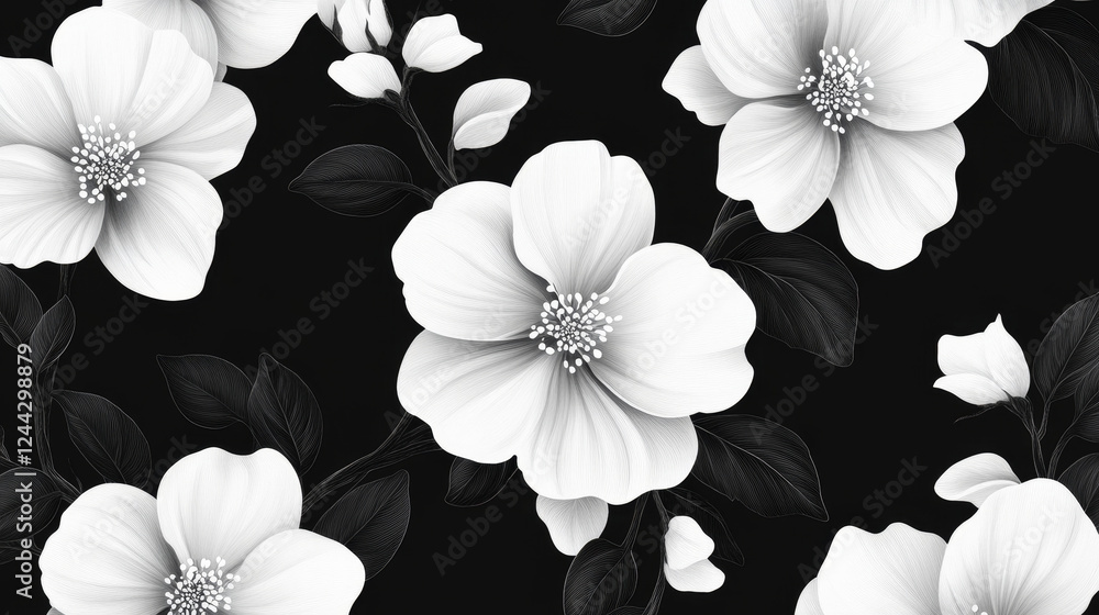 Poster bold damask style arabesque pattern with a repeat black and white floral motif in a seamless pattern