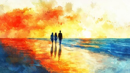 Fototapeta premium Couple walks hand in hand along the shore at sunset, casting reflections on the water