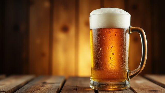 A pitcher of beer with a frothy head sits on a wooden table against a warm, blurred background.