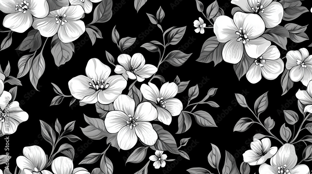 Poster bold damask style arabesque pattern with a repeat black and white floral motif in a seamless pattern