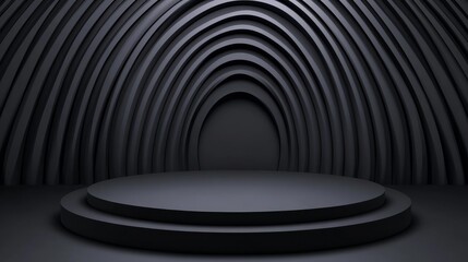 Obraz premium Abstract Black Stage Display - A minimalist dark grey two-tiered circular stage set against a backdrop of concentric arched shapes. Ideal for product displays or presentations.