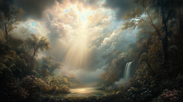 A celestial light breaking through the clouds, illuminating Eden&Atilde;&cent;&Acirc;&Acirc;s untouched beauty with a divine glow