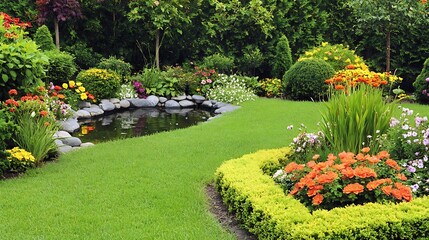 Obraz premium A tranquil garden with neatly trimmed hedges, a small pond, and blooming flowers