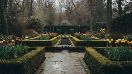 Obraz premium A tranquil garden with neatly trimmed hedges, a small pond, and blooming flowers
