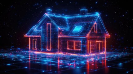 A digital hologram of a house illuminated with neon colors against a dark background.