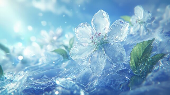 Delicate ice flower blooms in shimmering blue water under soft sunlight