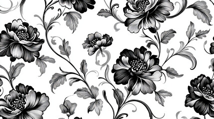 White and black classic floral seamless pattern with retro damask flowers