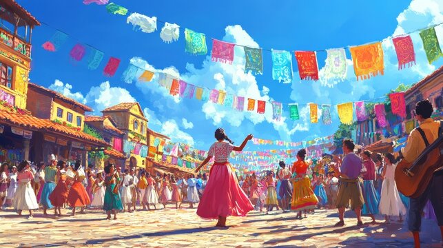 Fototapeta A vibrant festival unfolds in a colorful town square