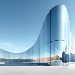 Modern building with curved glass facade reflecting sky. Contemporary architectural design against a clear blue backdrop 