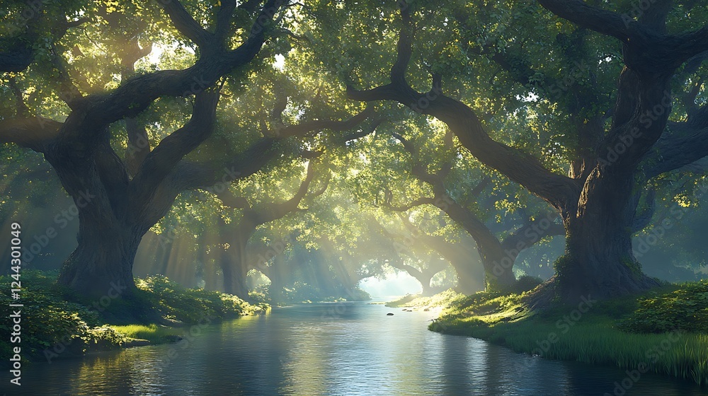 Aufkleber a tranquil river flowing through a forest of ancient oak trees with sunlight filtering through the l