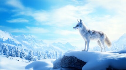 Obraz premium Arctic Wolf in Winter Wonderland - A majestic white arctic wolf stands proudly on a snow-covered mountain peak, overlooking a breathtaking winter landscape.