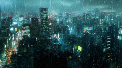 Vibrant city skyline illuminated by neon lights during a rainy night in a metropolitan area